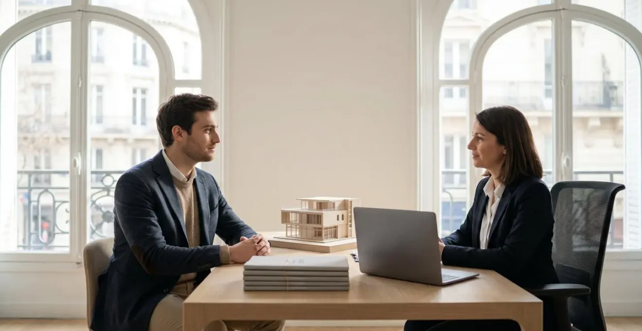 Jeune entrepreneur français présentant un dossier de financement structuré face à un conseiller bancaire dans un bureau lumineux
