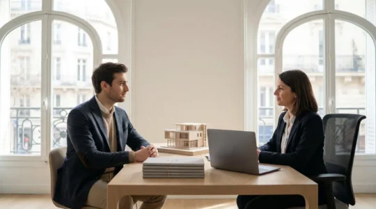 Jeune entrepreneur français présentant un dossier de financement structuré face à un conseiller bancaire dans un bureau lumineux