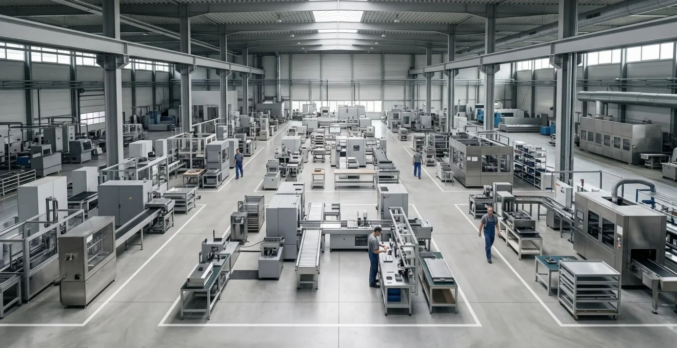 Vue d'ensemble d'un atelier de production moderne avec flux optimisés et pilotage numérique