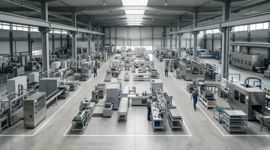 Vue d'ensemble d'un atelier de production moderne avec flux optimisés et pilotage numérique