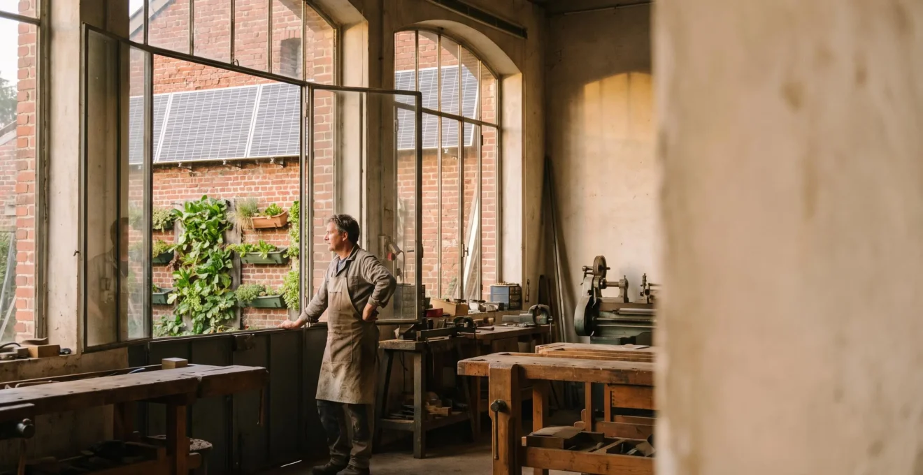 Dirigeant de PME française dans un atelier modernisé et éco-responsable, symbole de la transition écologique rentable pour les petites entreprises