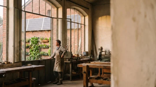 Dirigeant de PME française dans un atelier modernisé et éco-responsable, symbole de la transition écologique rentable pour les petites entreprises