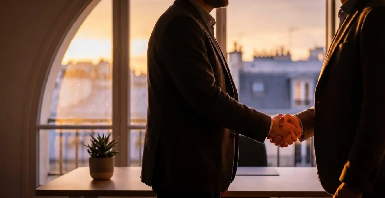 Une poignée de main symbolique entre un entrepreneur et un investisseur providentiel dans un bureau parisien lumineux, évoquant la confiance et l'amorçage d'un projet