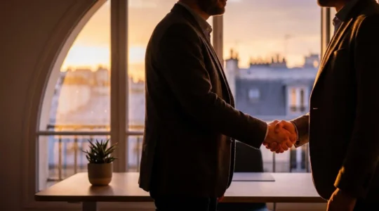 Une poignée de main symbolique entre un entrepreneur et un investisseur providentiel dans un bureau parisien lumineux, évoquant la confiance et l'amorçage d'un projet