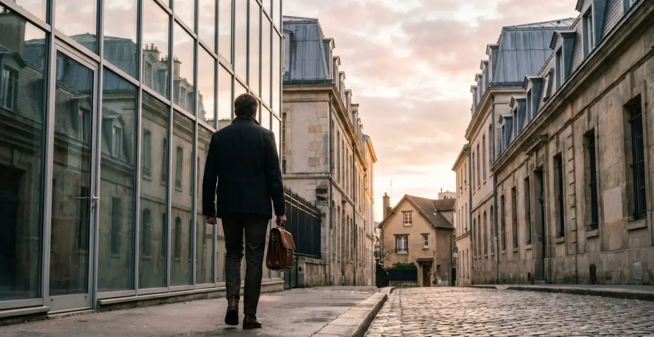 Un professionnel francais quitte symboliquement son bureau en costume pour marcher vers un espace de travail independant lumineux, illustrant la transition du salariat vers l'entrepreneuriat