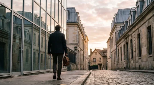 Un professionnel francais quitte symboliquement son bureau en costume pour marcher vers un espace de travail independant lumineux, illustrant la transition du salariat vers l'entrepreneuriat