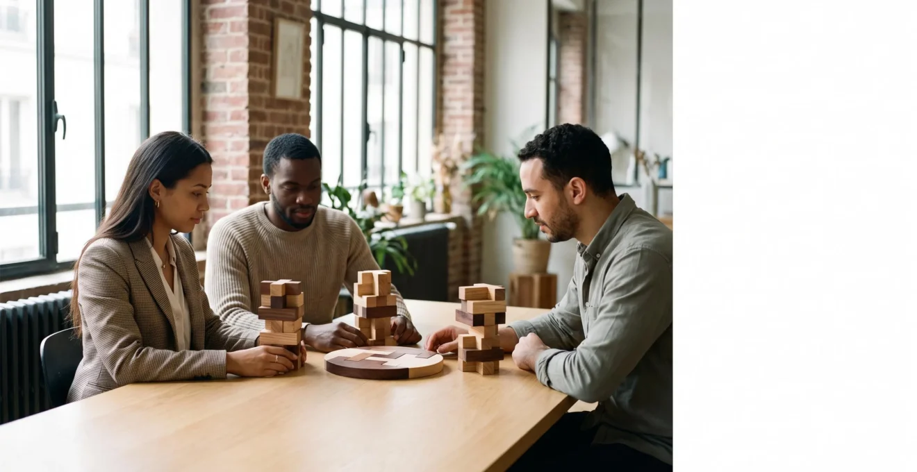Trois associés autour d'une table symbolisant le partage équitable du capital d'une entreprise