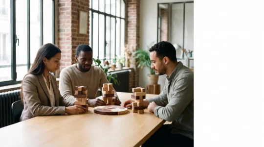 Trois associés autour d'une table symbolisant le partage équitable du capital d'une entreprise