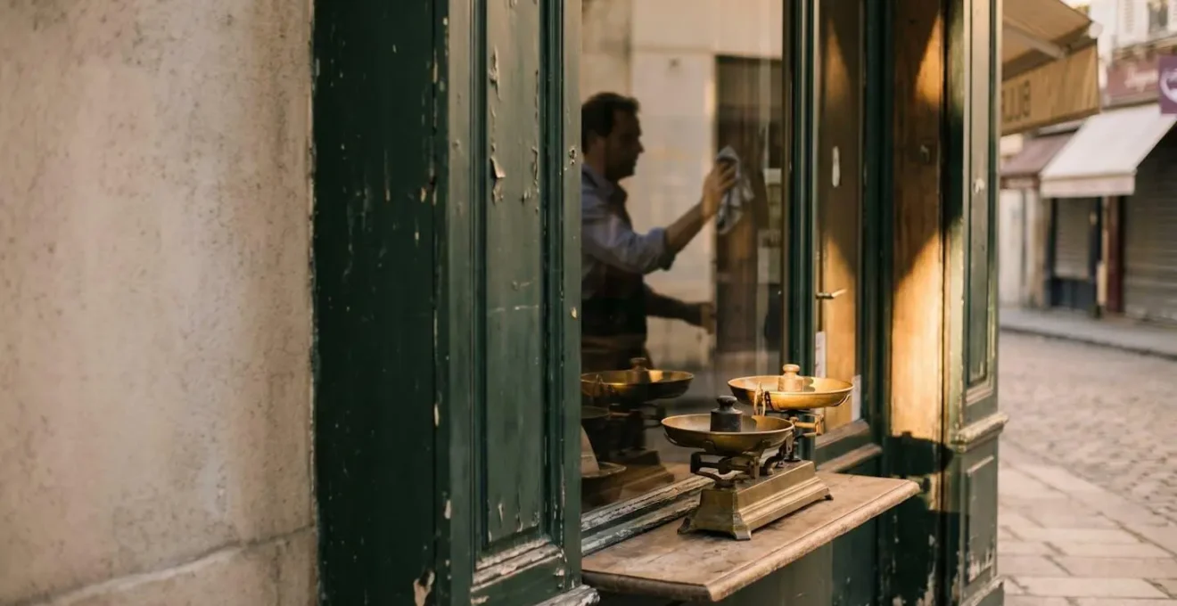Vitrine d'un commerce français avec une balance symbolique représentant le retour à l'équilibre de la réputation en ligne