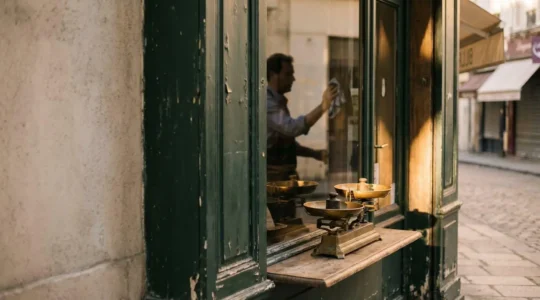 Vitrine d'un commerce français avec une balance symbolique représentant le retour à l'équilibre de la réputation en ligne