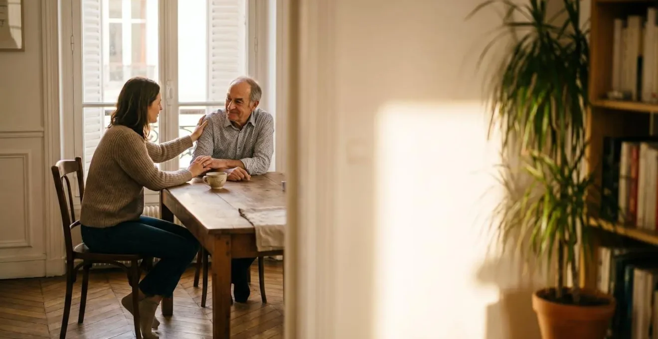 Scene symbolique d'un soutien familial autour d'un projet de creation d'entreprise en France