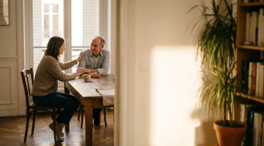 Scene symbolique d'un soutien familial autour d'un projet de creation d'entreprise en France
