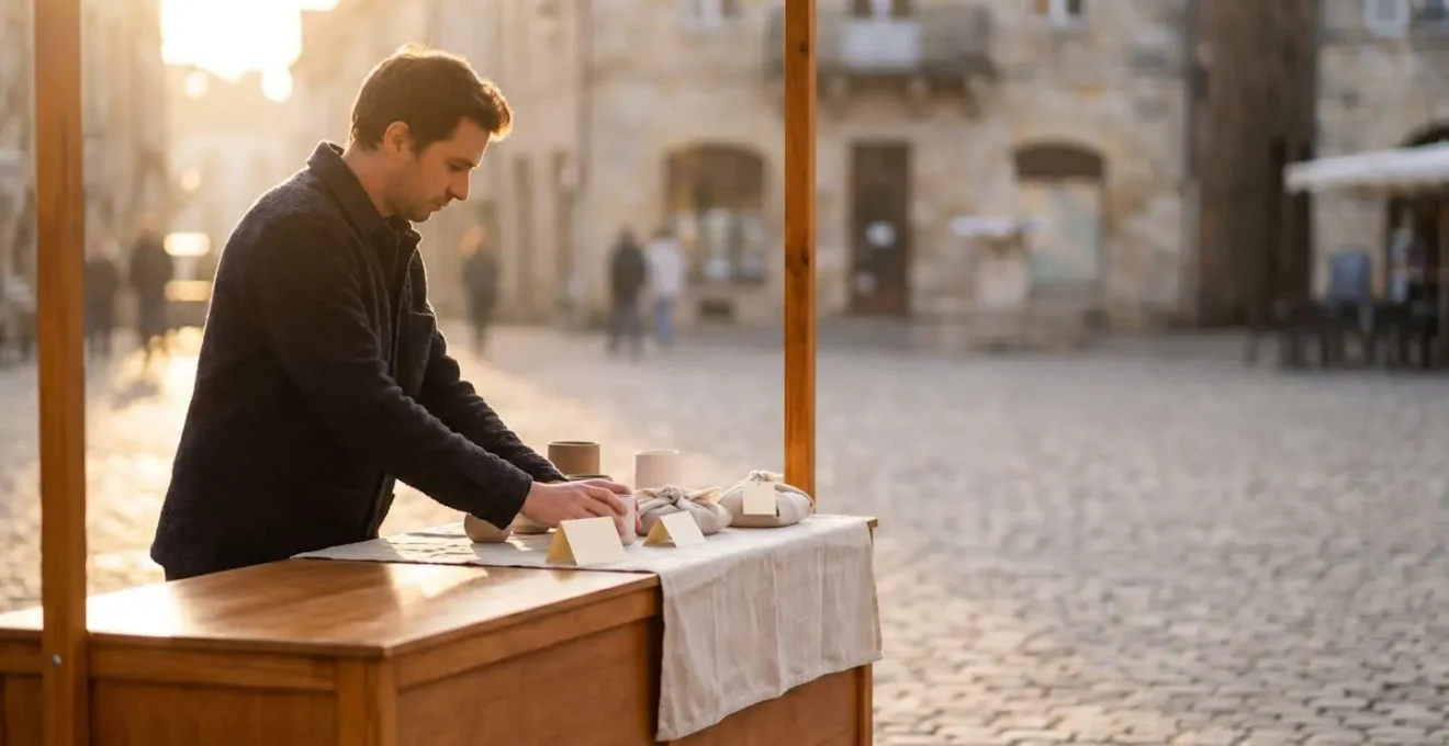 Entrepreneur francais testant son produit sur un marche de createurs en plein air avec un stand minimaliste