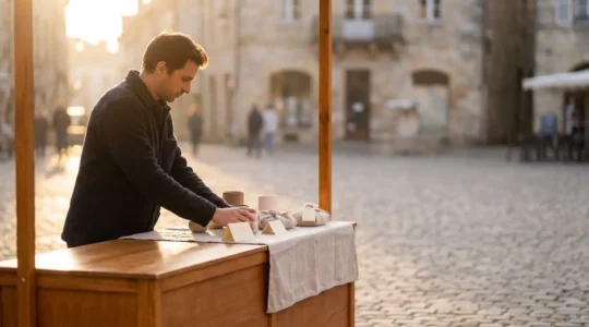 Entrepreneur francais testant son produit sur un marche de createurs en plein air avec un stand minimaliste