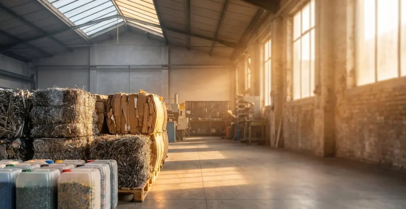 Atelier industriel français où des déchets triés se transforment symboliquement en source de revenus pour une PME