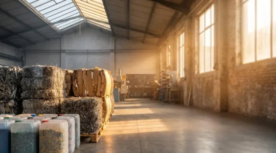 Atelier industriel français où des déchets triés se transforment symboliquement en source de revenus pour une PME