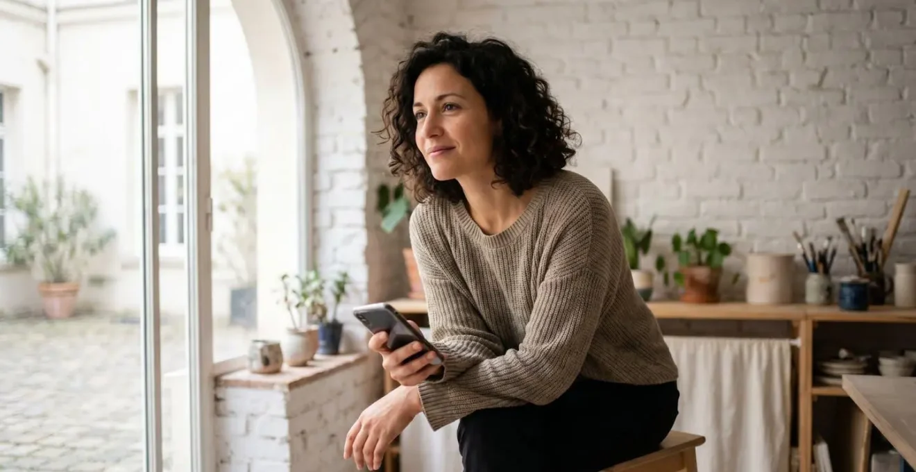 Entrepreneure française souriante consultant son téléphone dans un atelier lumineux, symbolisant une relation client authentique construite via Instagram