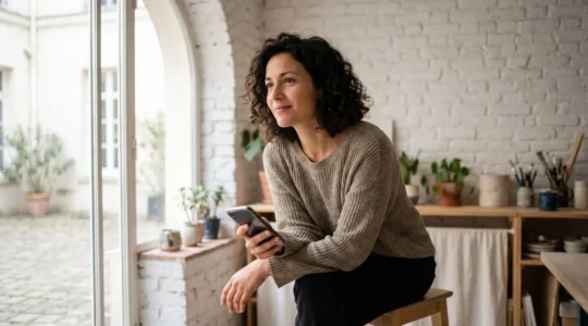 Entrepreneure française souriante consultant son téléphone dans un atelier lumineux, symbolisant une relation client authentique construite via Instagram