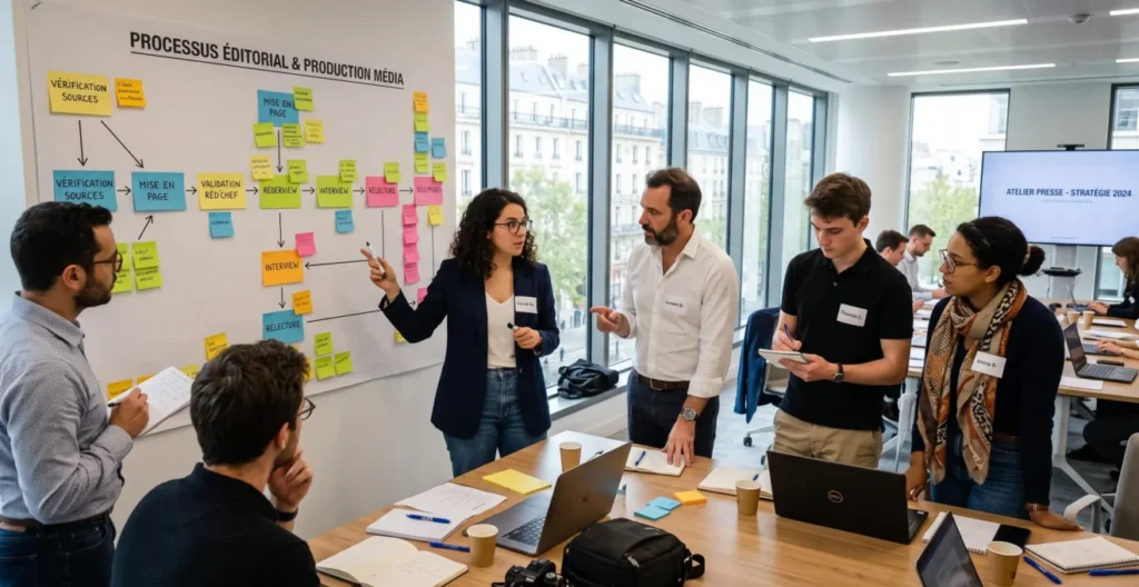Un atelier collaboratif où des rédacteurs et des chefs de rubrique cartographient un processus sur un mur avec des post-it et un écran projeté Un atelier collaboratif où des rédacteurs et des chefs de rubrique cartographient un processus sur un mur avec des post-it et un écran projeté