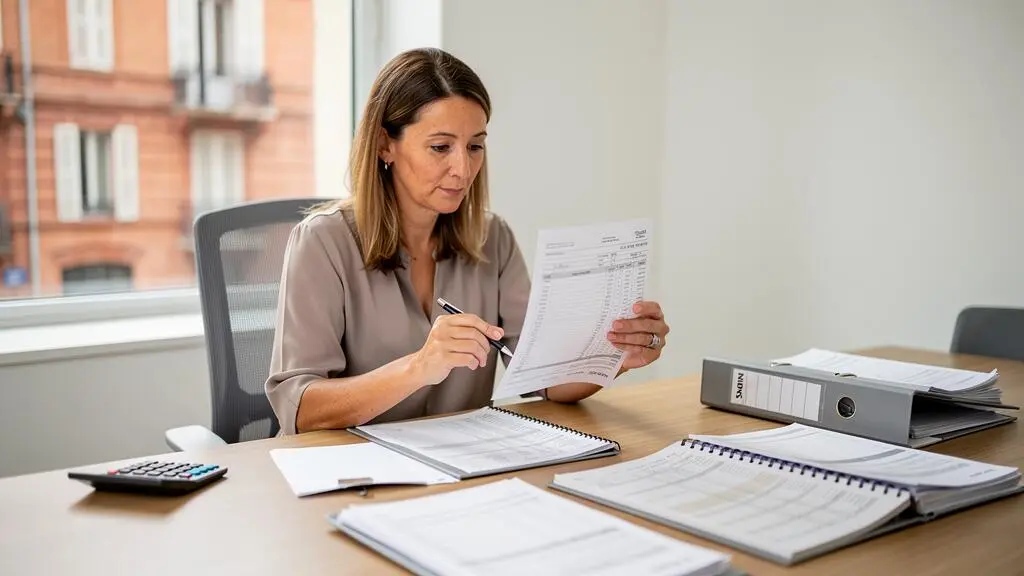 Une comptable examine des documents comptables et des liasses de dossiers dans un cabinet toulousain baigné de lumière naturelle.
