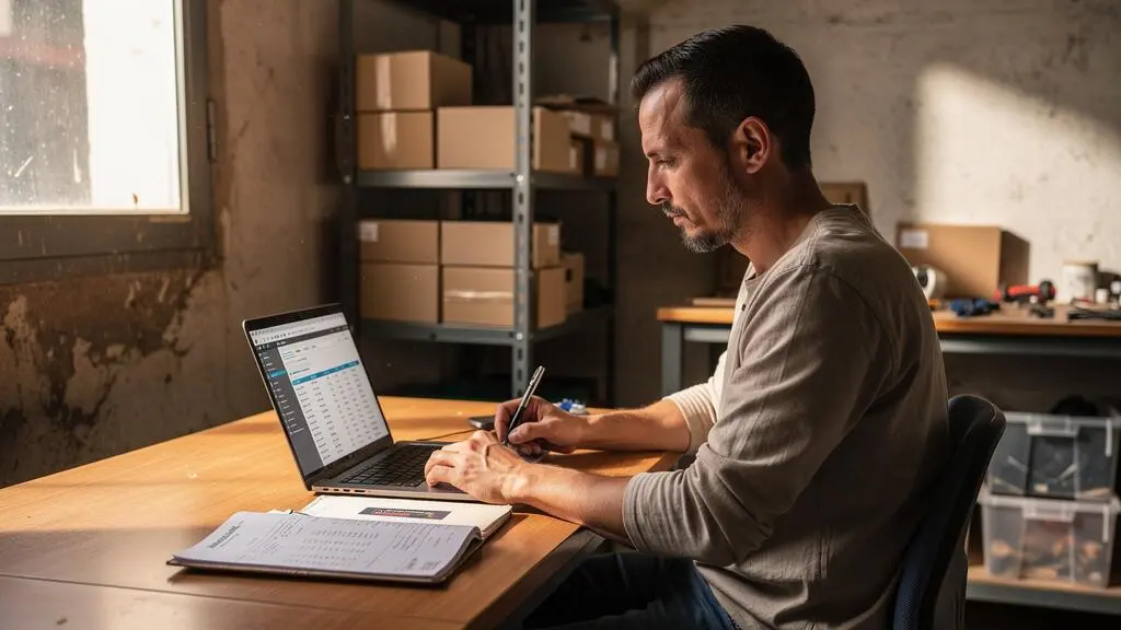 Un dirigeant de petite entreprise note ses chiffres dans un carnet devant son ordinateur portable dans son atelier.