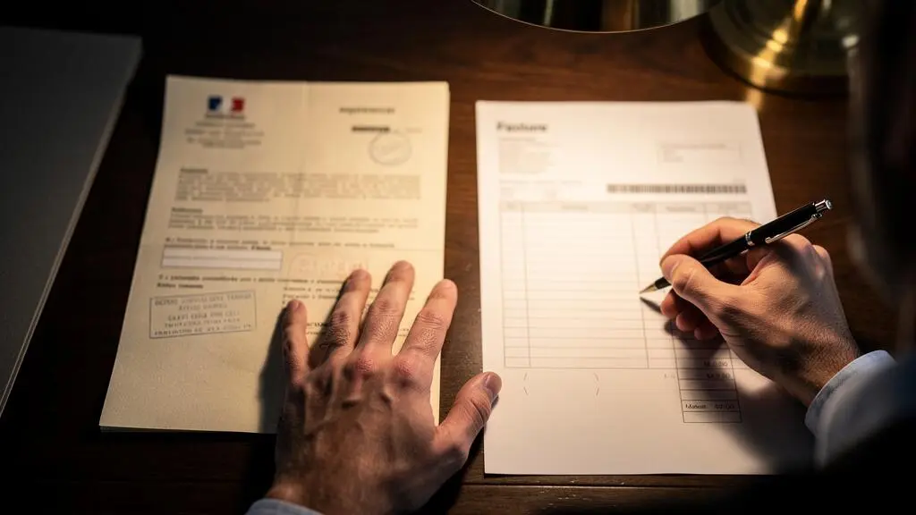 Les mains d'un professionnel comparent deux documents administratifs posés sur un bureau éclairé par une lampe.